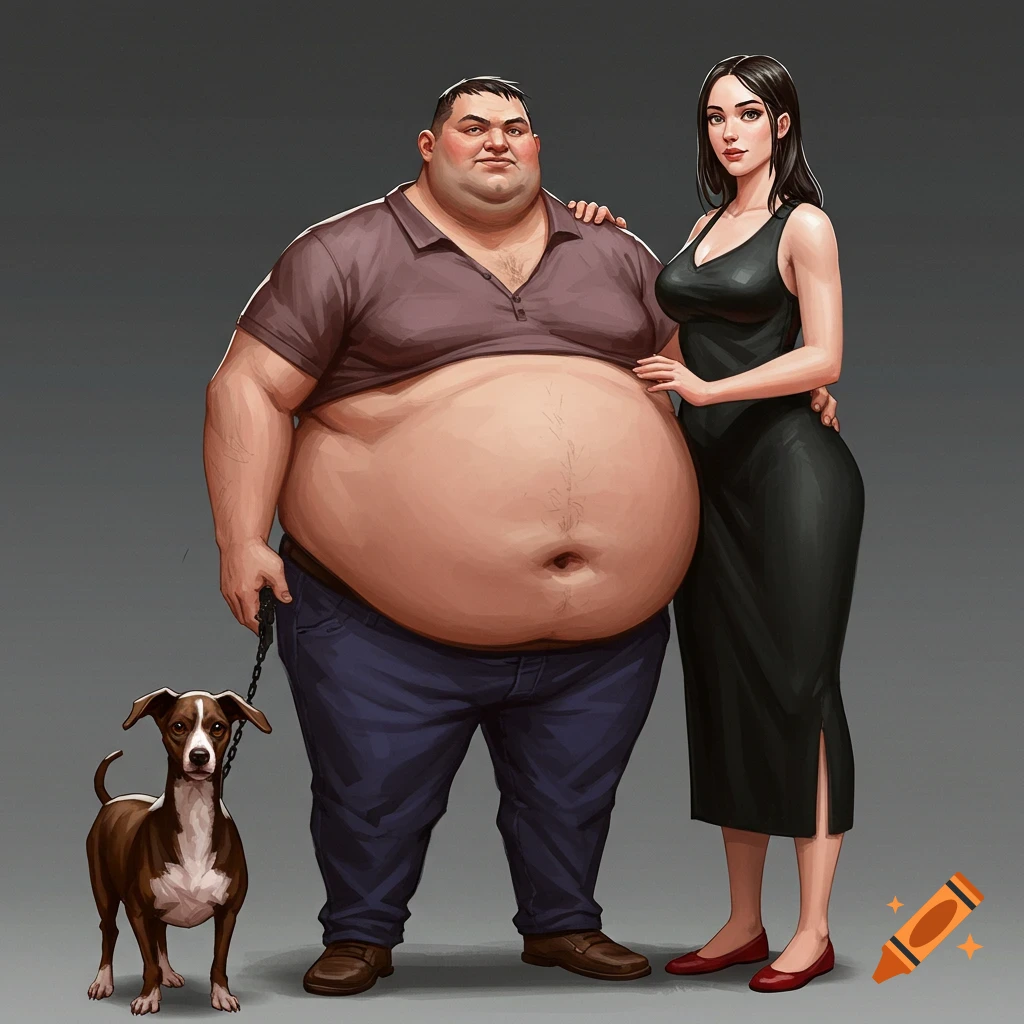 An obese man with a dog on a leash, stands next to a thin woman.