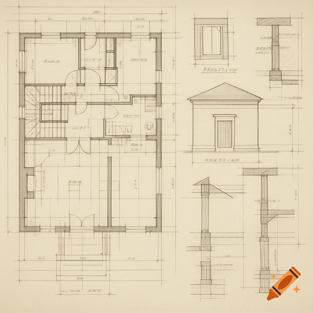 Hand-drawn architectural plan showing floor layout and building elevations.