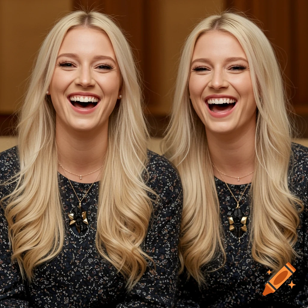 Two identical blonde women laugh side-by-side in a close-up portrait.