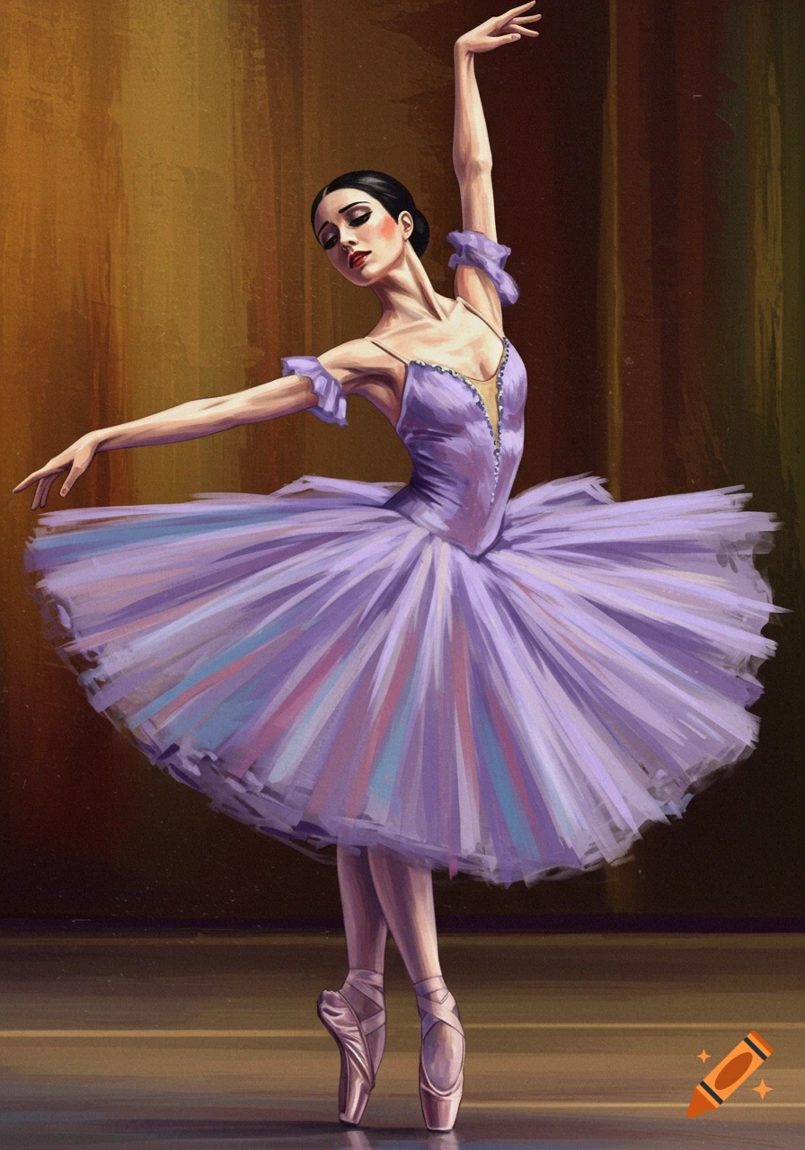 A ballerina in a purple tutu on pointe on a stage.