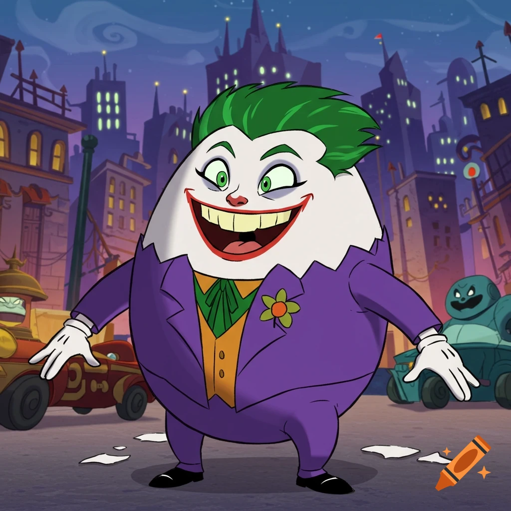 Cartoon egg character dressed as the Joker stands in a city street at night