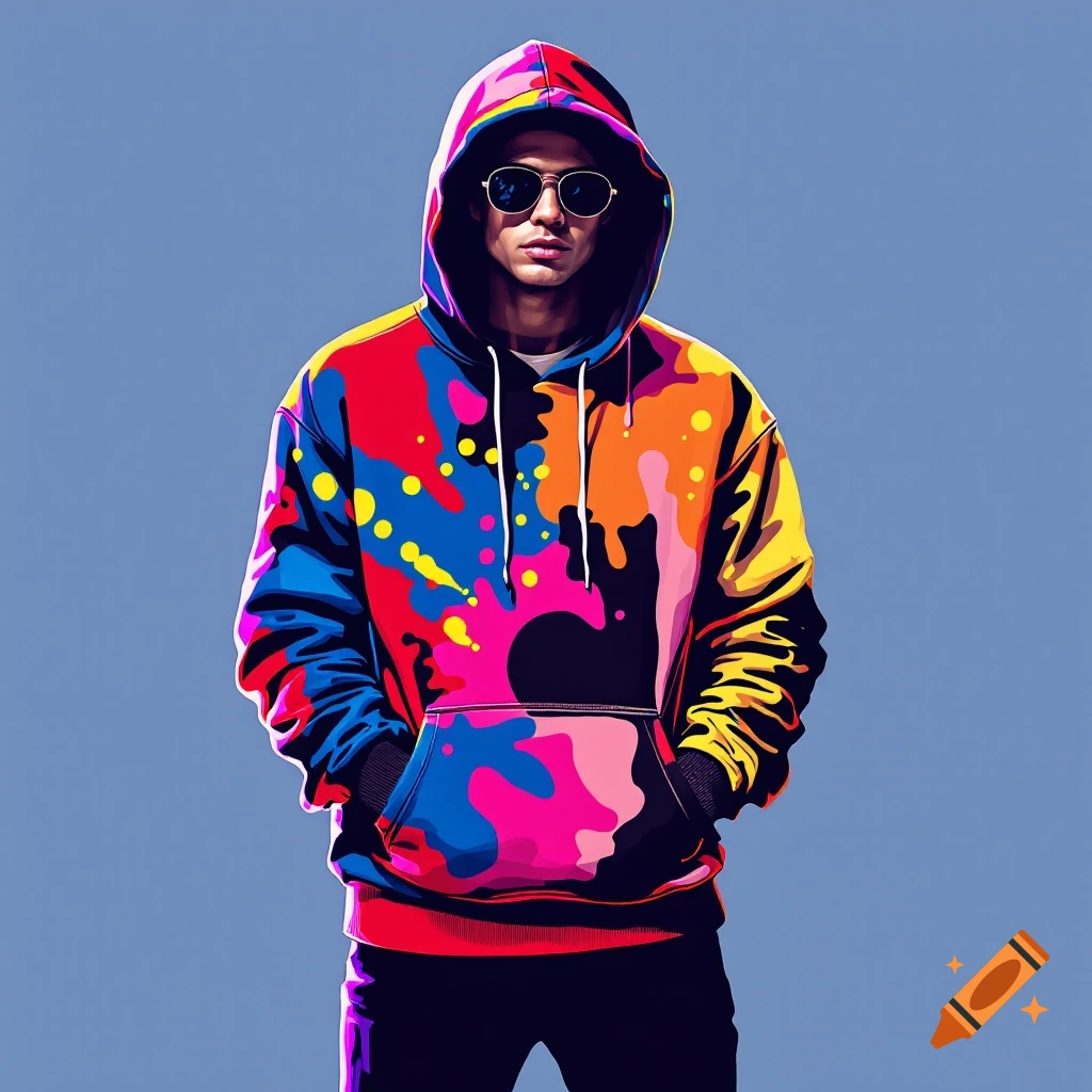 Stylized image of a person wearing a colorful splatter-paint hoodie and sunglasses.