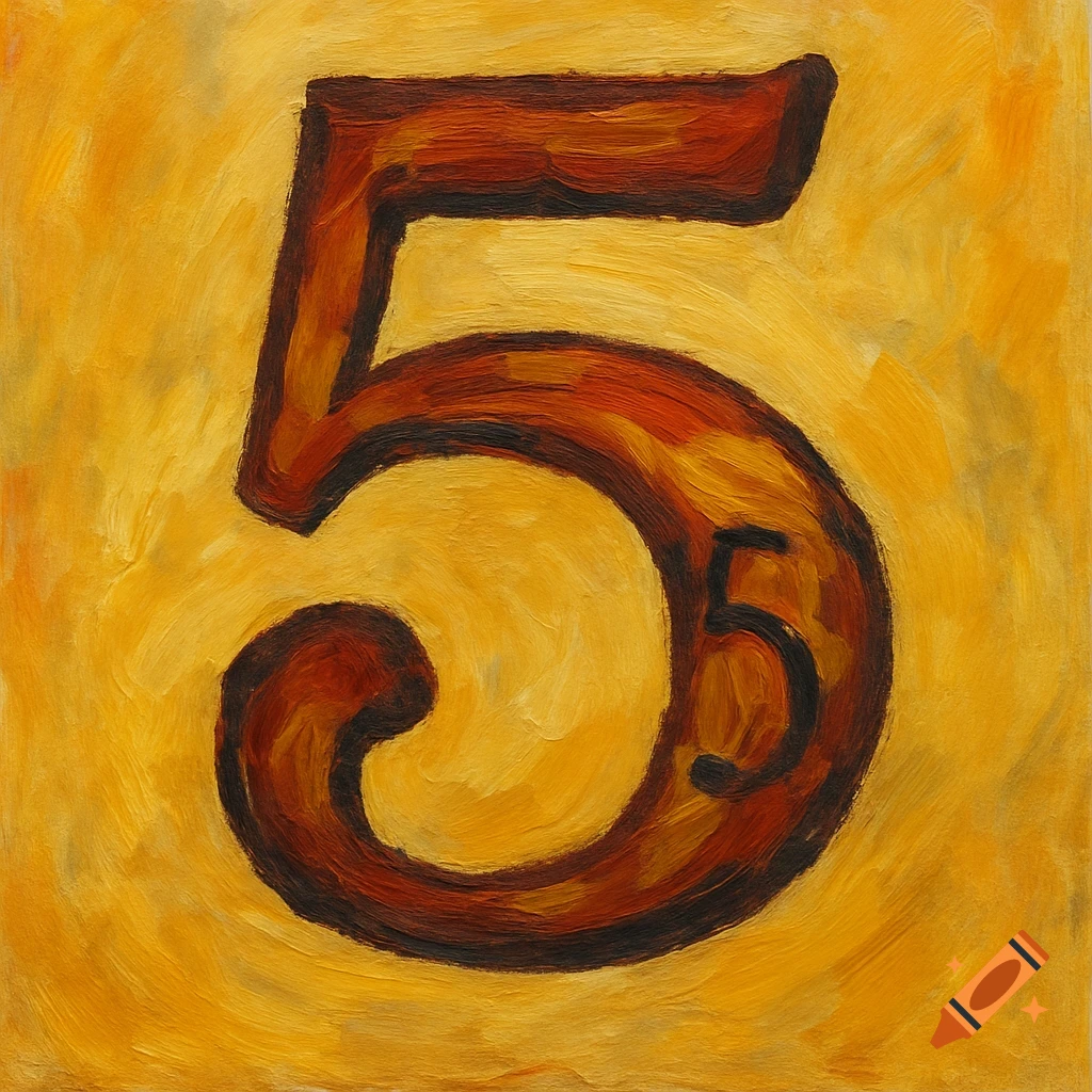A reddish-brown number 5 with black outlines painted in a textured style on a yellow background.