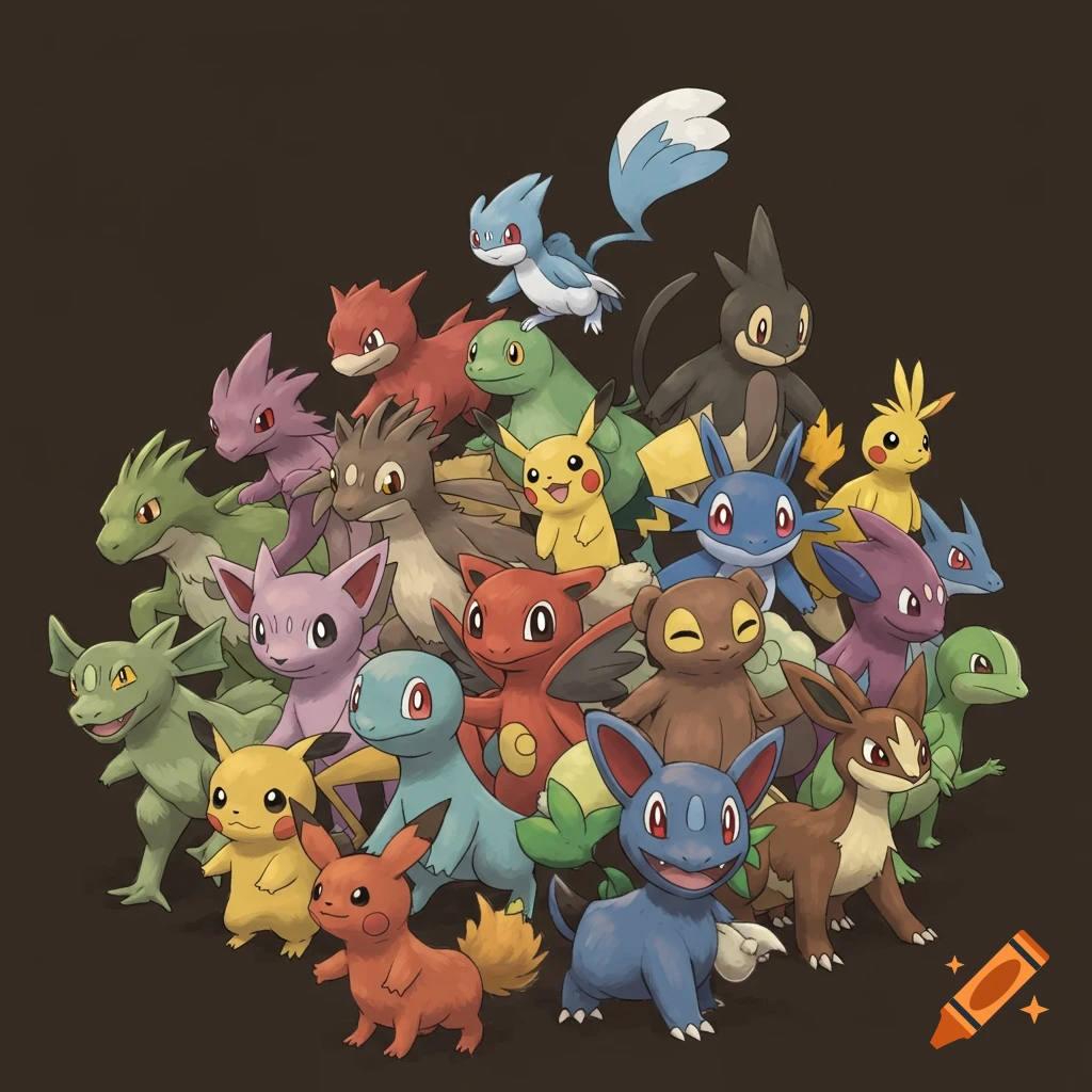 A large group of various cartoon characters resembling Pokemon starters piled together.
