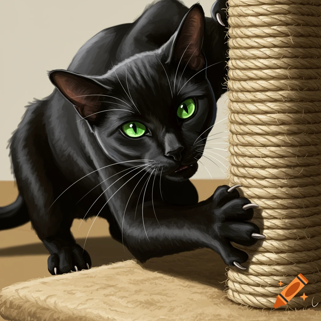 A black cat with bright green eyes scratches a rope scratching post.