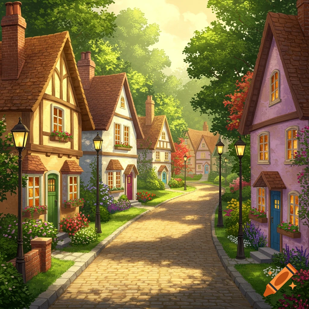 Cute houses along a stone street leading to a forest
