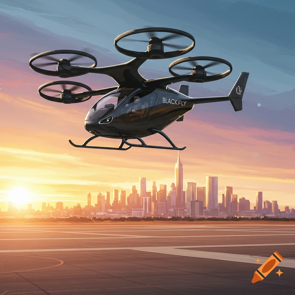 A BlackFly aircraft flying over a city skyline at sunset.