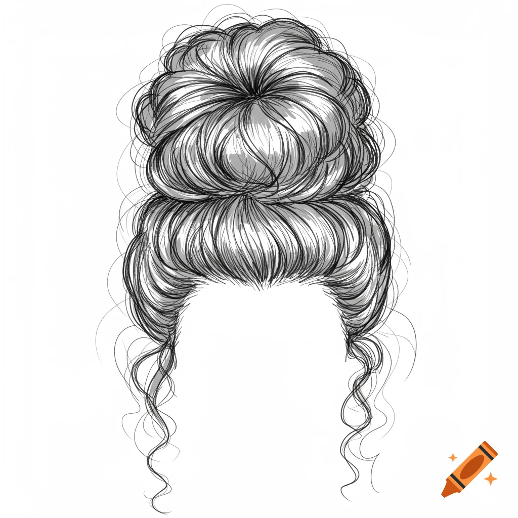 Sketch of a messy bun hairstyle with curly strands