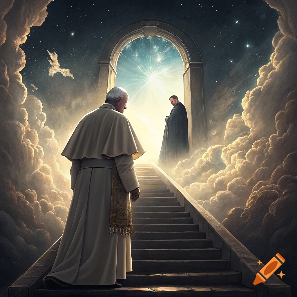 A figure resembling a Pope ascends stone stairs towards a bright light in the sky, with another figure waiting.