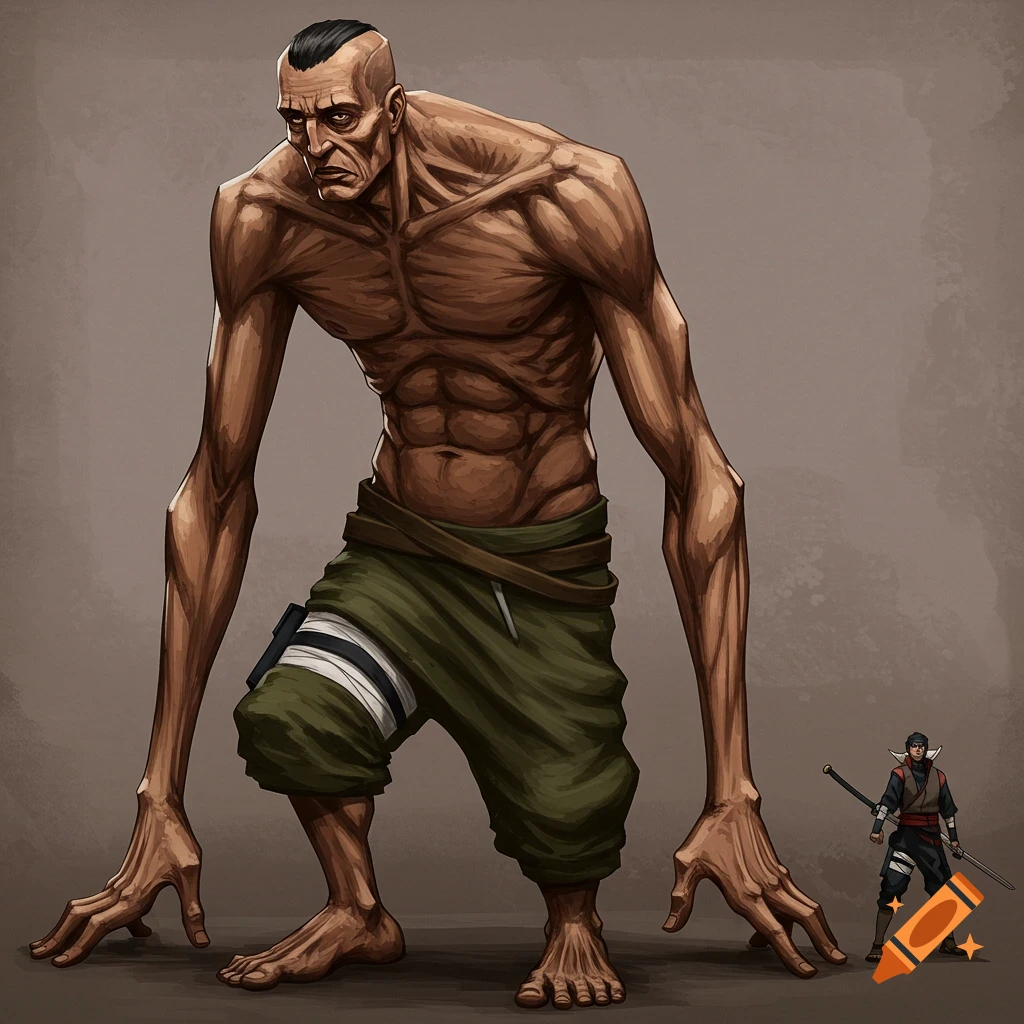 A large, gaunt creature with long limbs stands next to a smaller person with a sword.