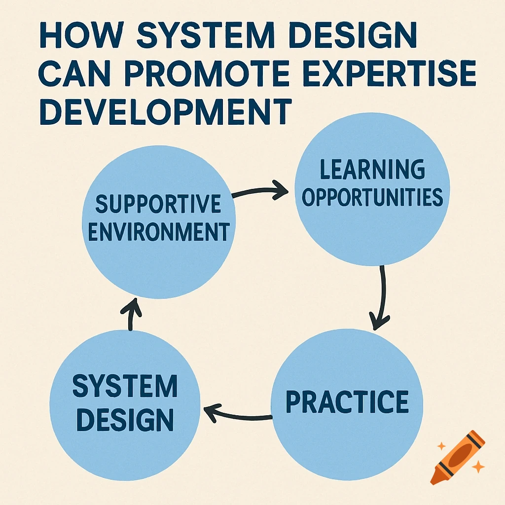 Diagram showing system design, supportive environment, learning opportunities, and practice promoting expertise development.