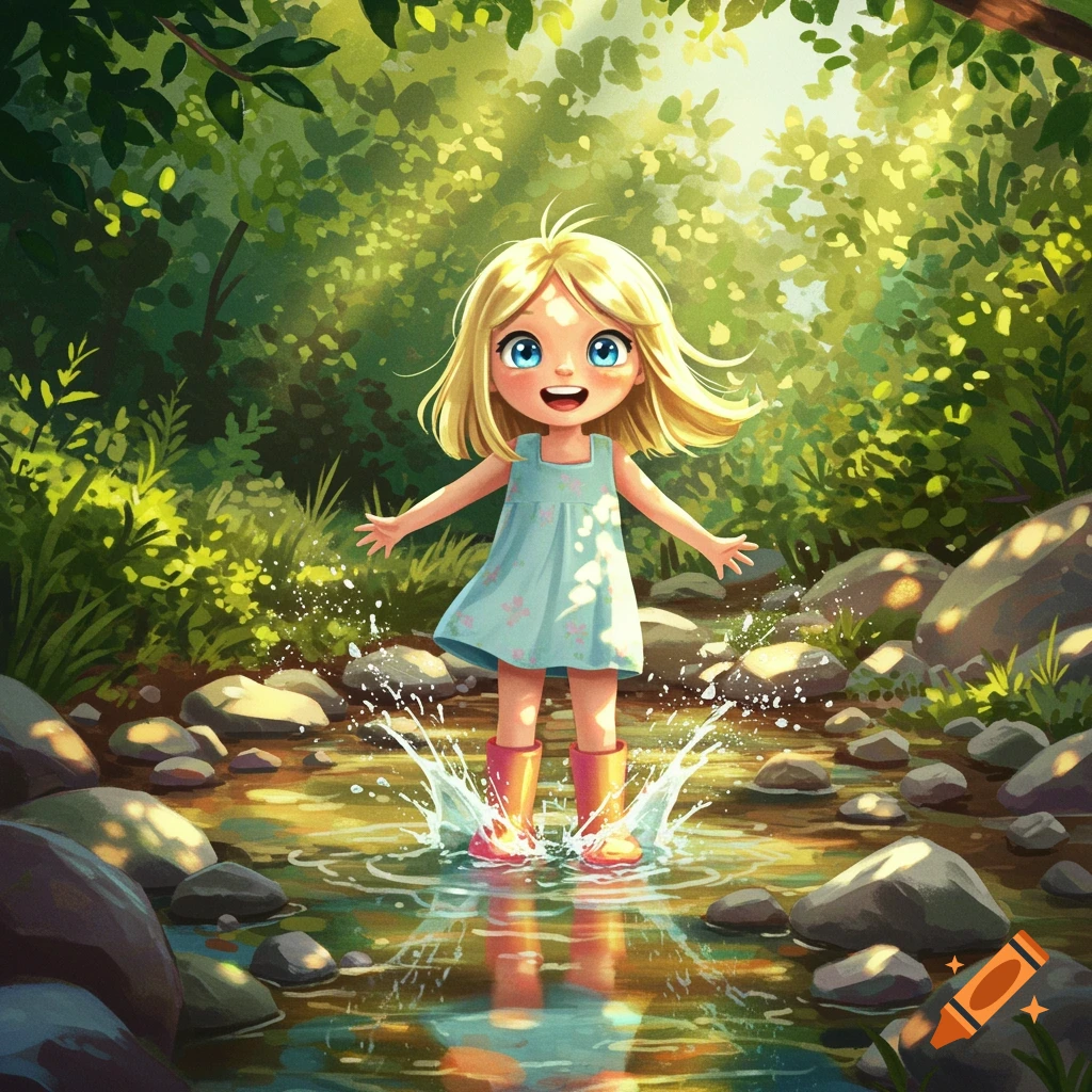 Whimsical illustration of a blonde girl splashing in a sunny stream surrounded by greenery.