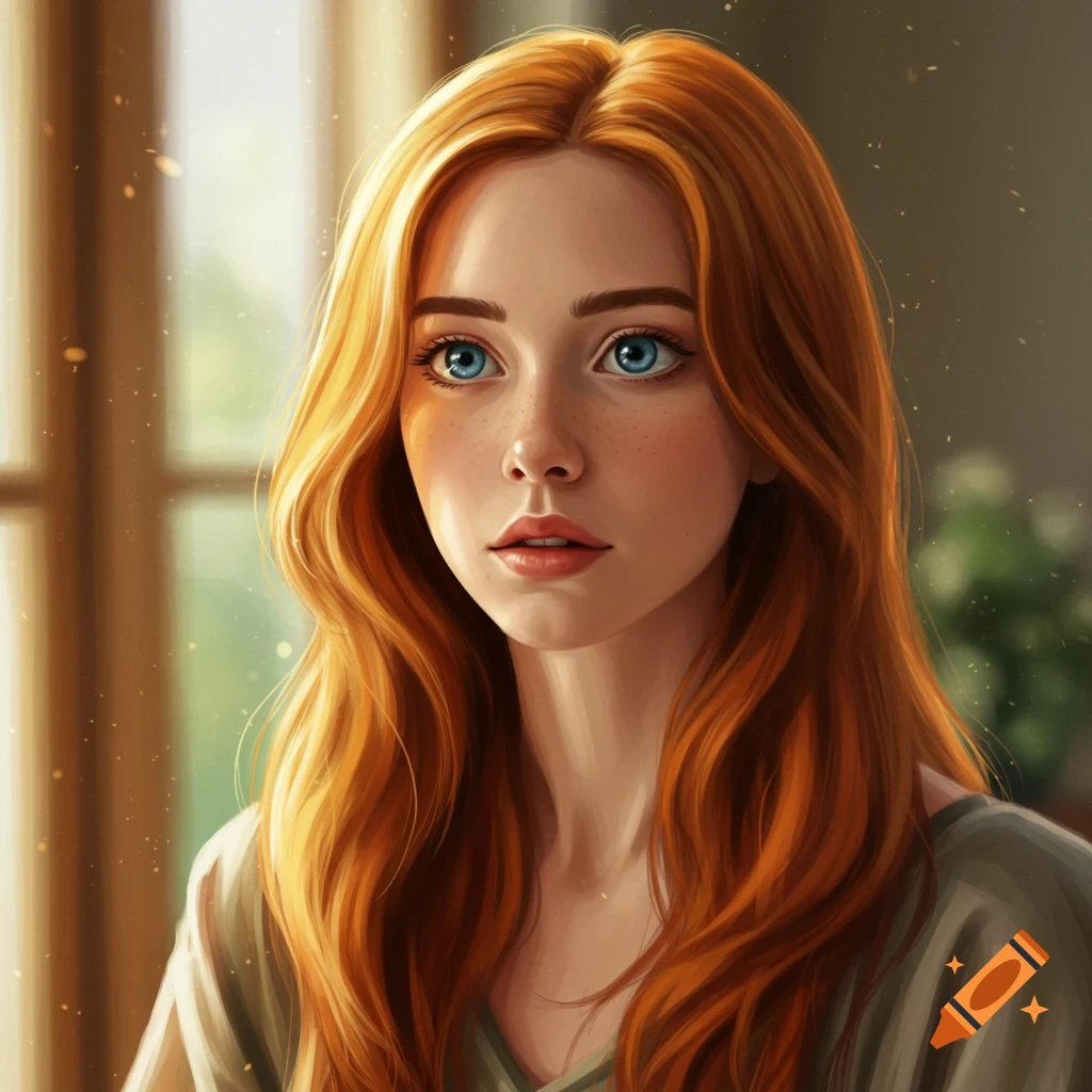 Portrait of a young woman with long red hair and bright blue eyes