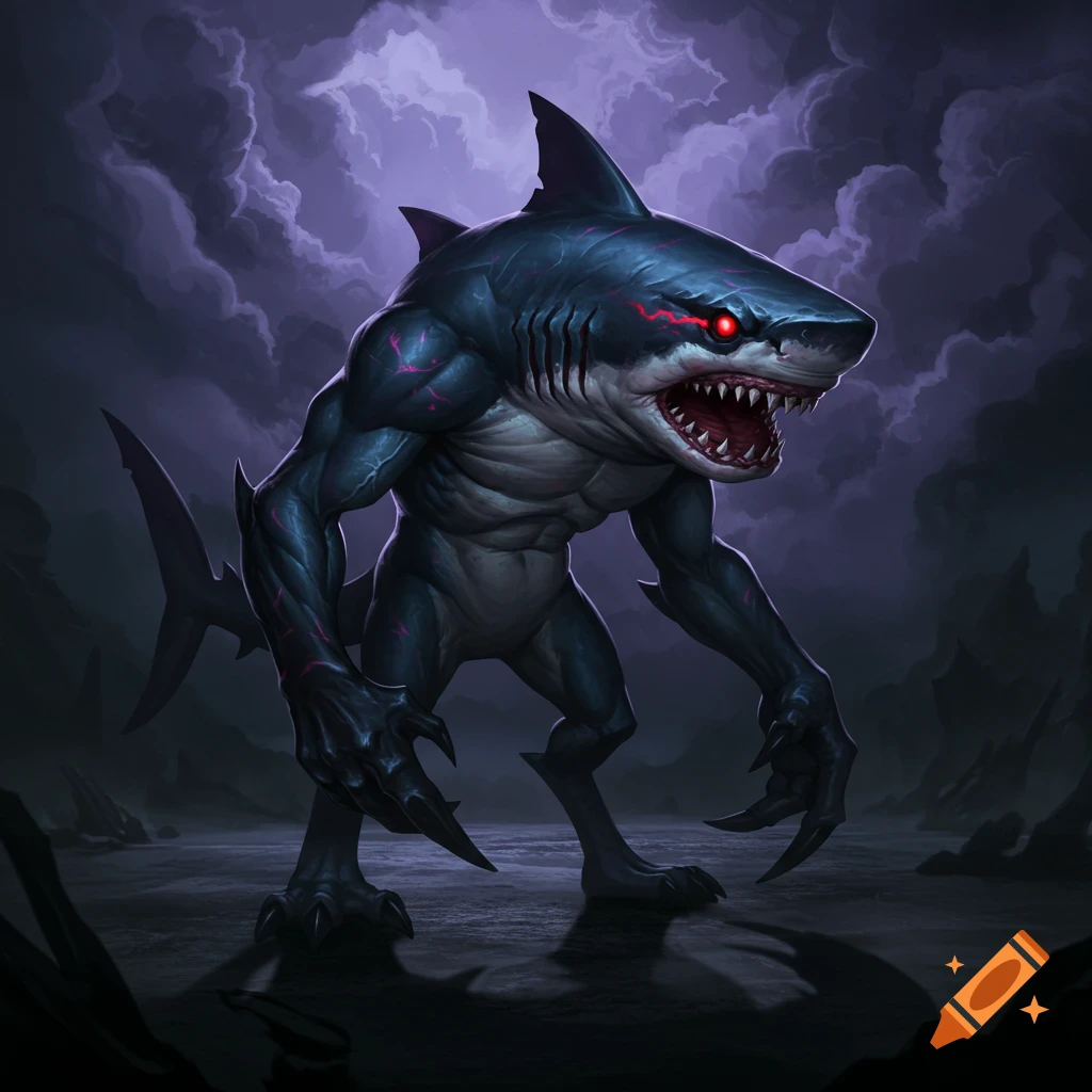 Image of a walking shark monster with red eyes in a stormy landscape.