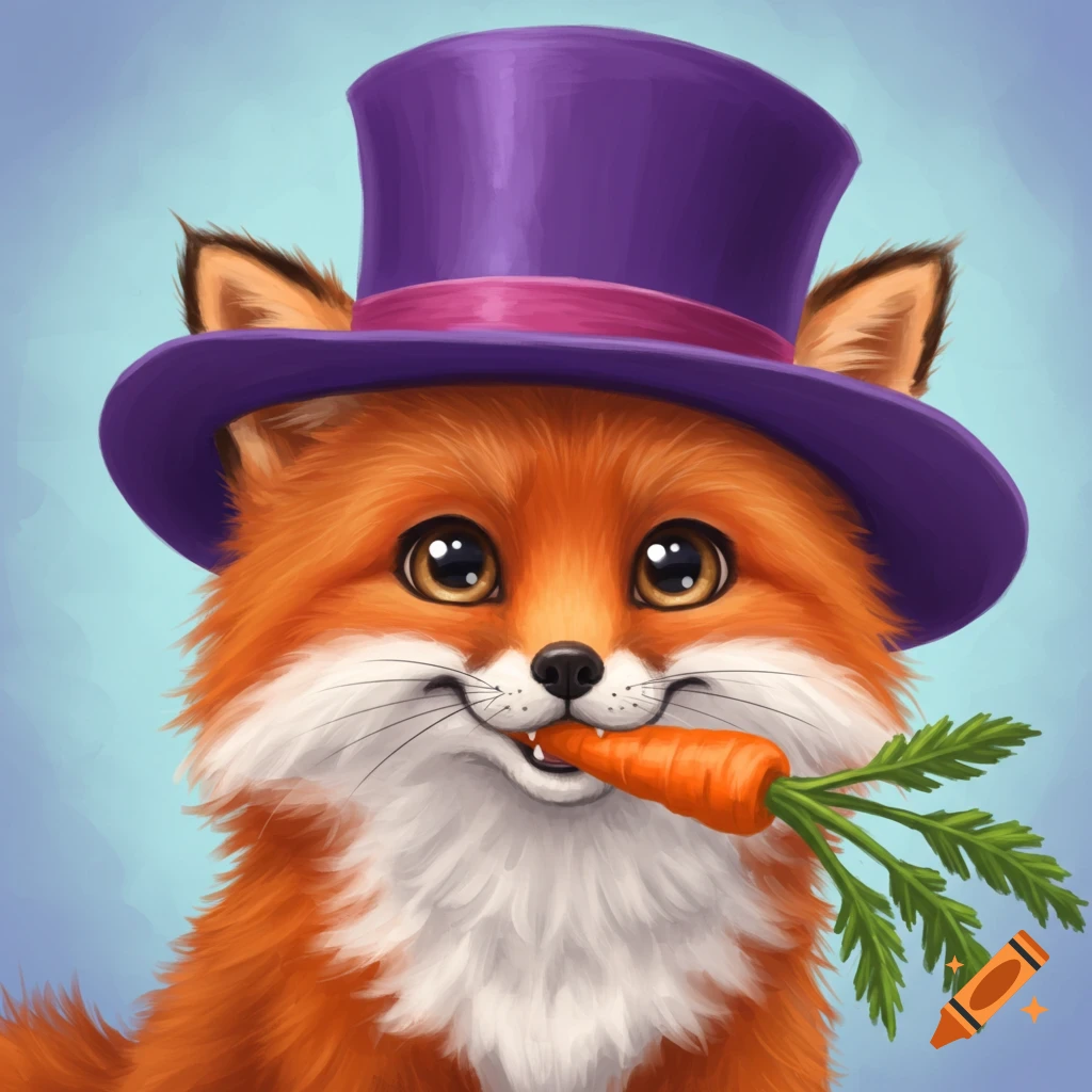 A cute cartoon fox wearing a purple top hat holds a carrot in its mouth.