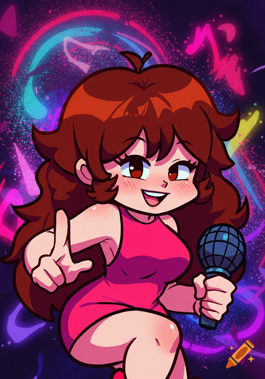 Girlfriend from Friday Night Funkin' holding a microphone in front of a colorful, abstract background.
