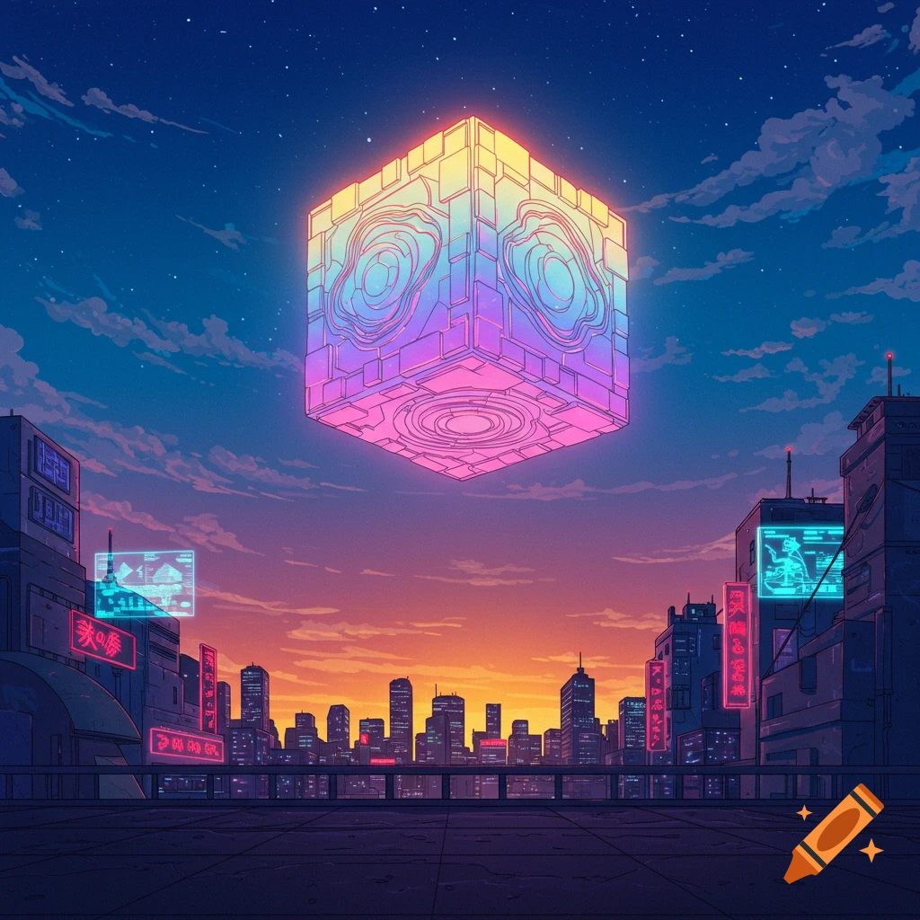 Anime style cityscape at sunset with a large, glowing, geometric cube floating in the sky.