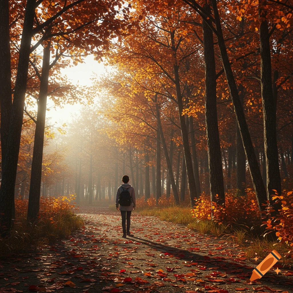 A person walks down a path through an autumn forest as sunlight streams through the trees.