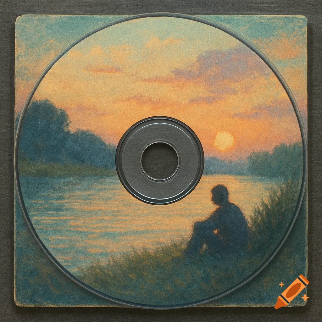 A person sitting by a lake at sunset on a CD cover