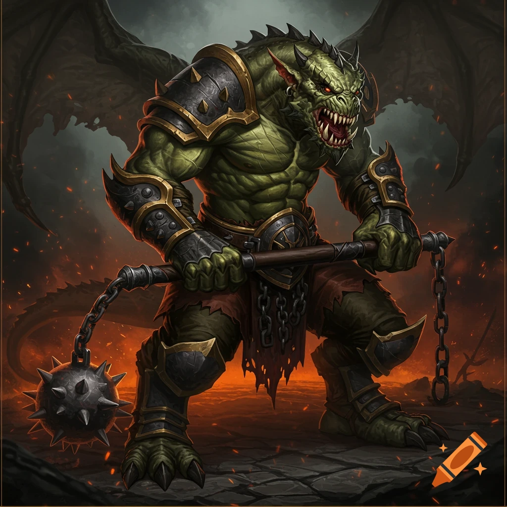 A green orc half-dragon creature in armor holds a flail, standing on a cracked ground with fiery background.