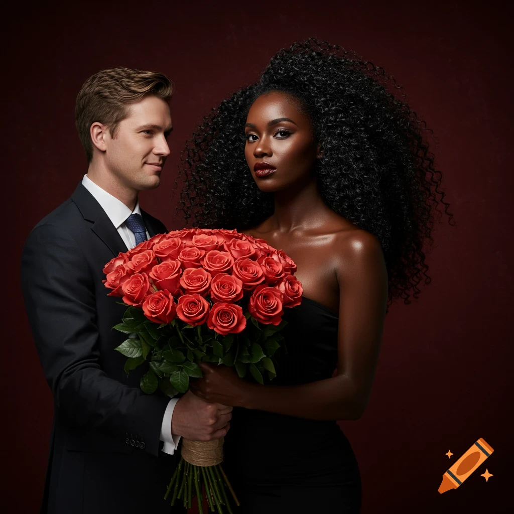 A man in a suit presents a large bouquet of red roses to a woman in a black dress against a dark red background.