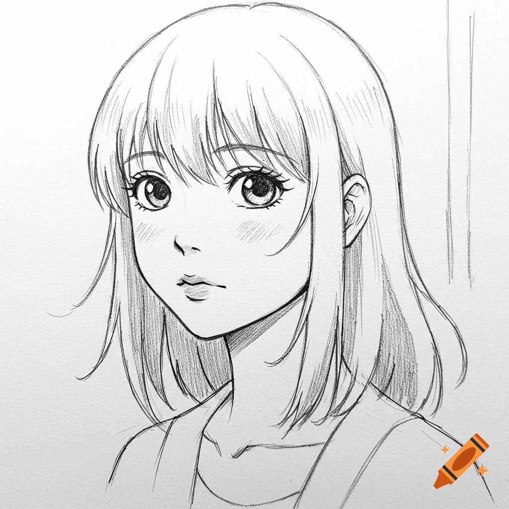 A black and white sketch of a girl in anime style.