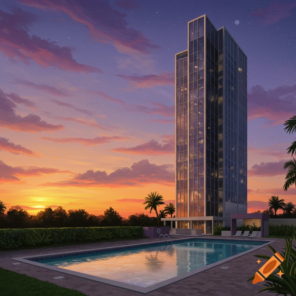 A tall glass building stands next to a swimming pool with palm trees at sunset.