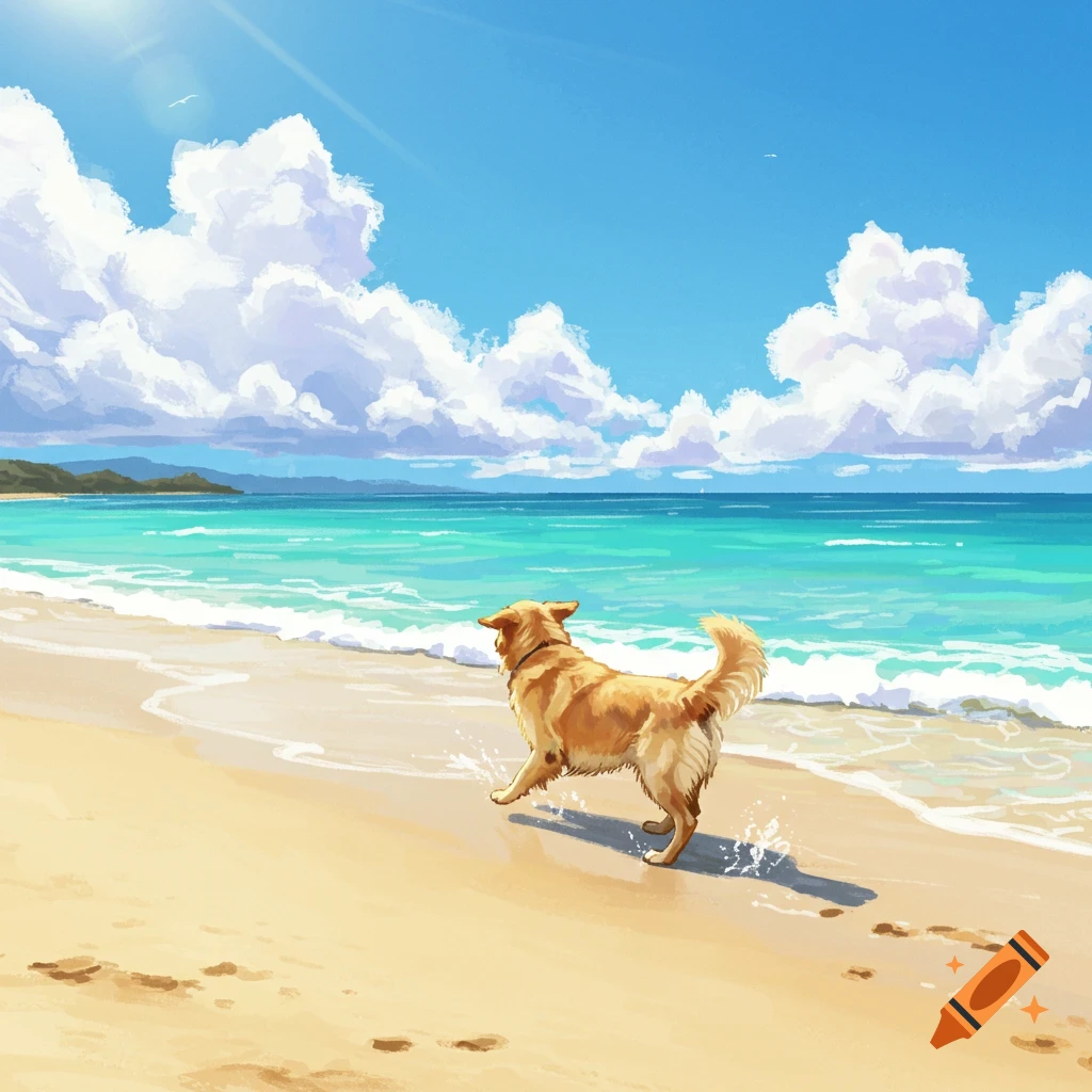 A golden retriever runs on a sandy beach with waves under a sunny sky.