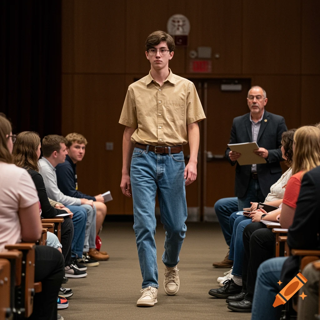 Young man walks down aisle in auditorium with audience