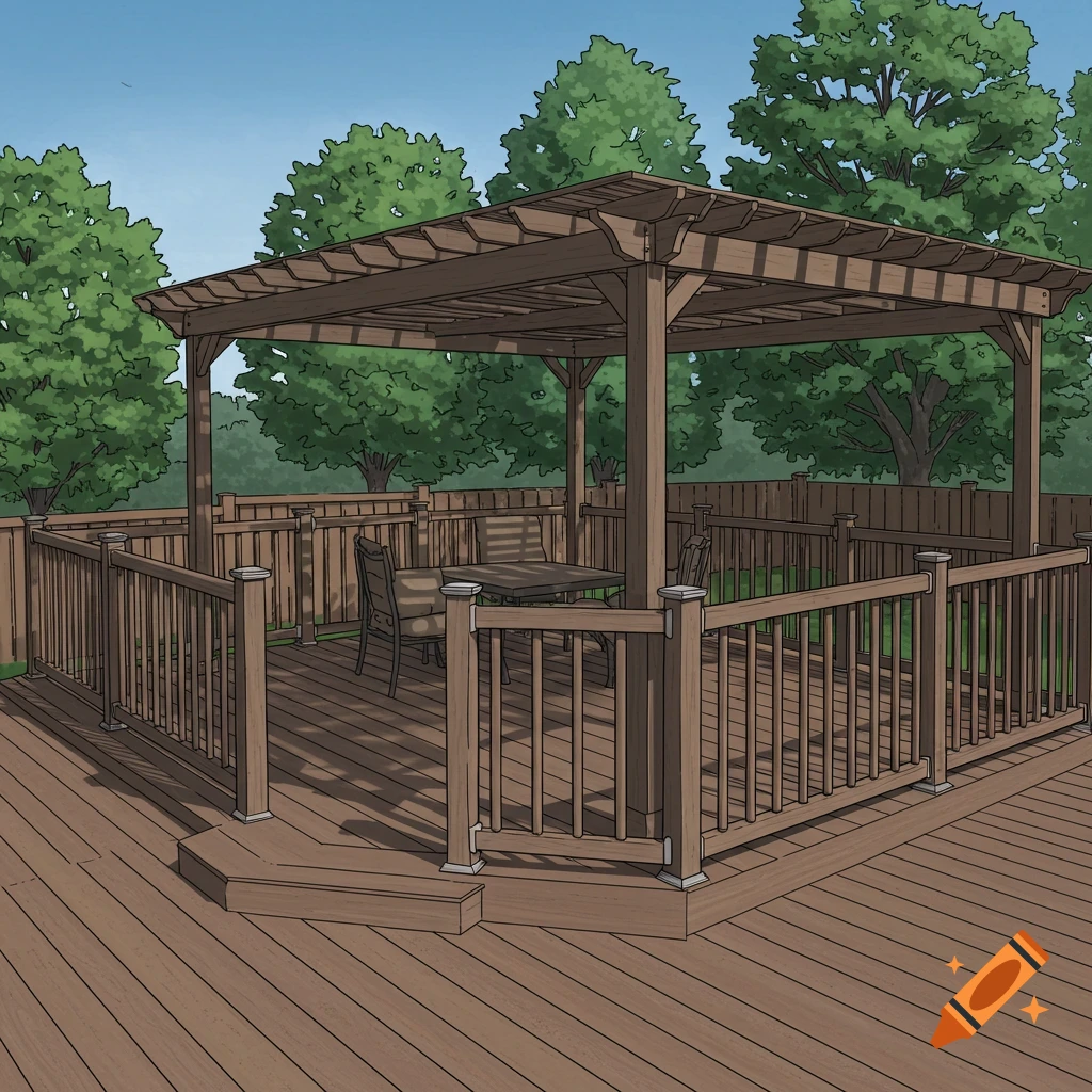 A wooden deck with a pergola in a backyard.