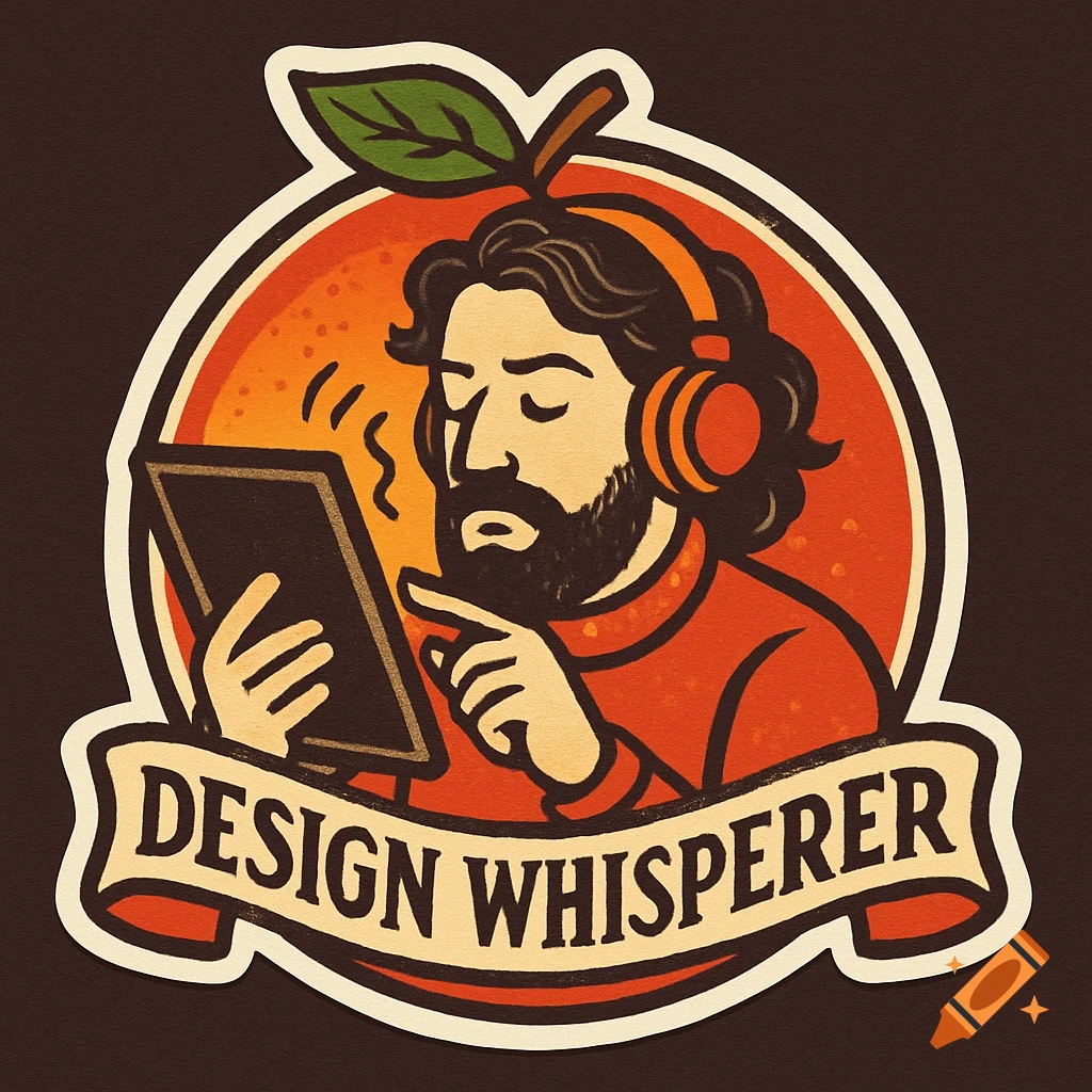 Fruit sticker style illustration of a man with headphones looking at a tablet, with 'Design Whisperer' text.