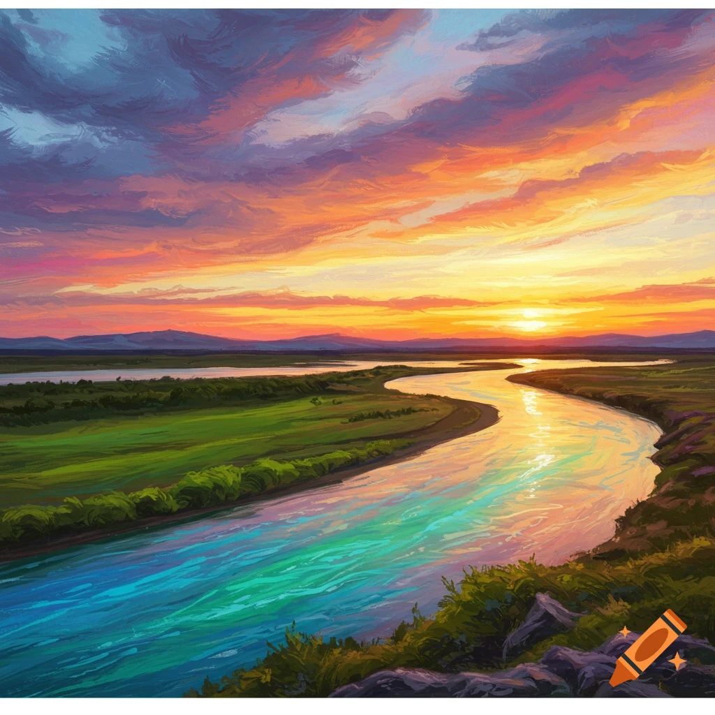 A vibrant image of a winding river flowing through a green landscape towards a colourful sunset sky.