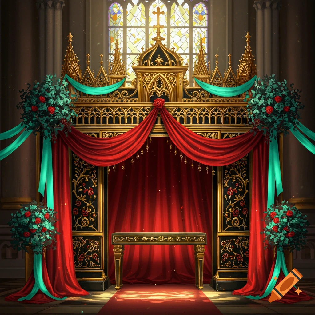 A decorated wedding altar in a church with red, black, gold, and cyan fabric and flowers.