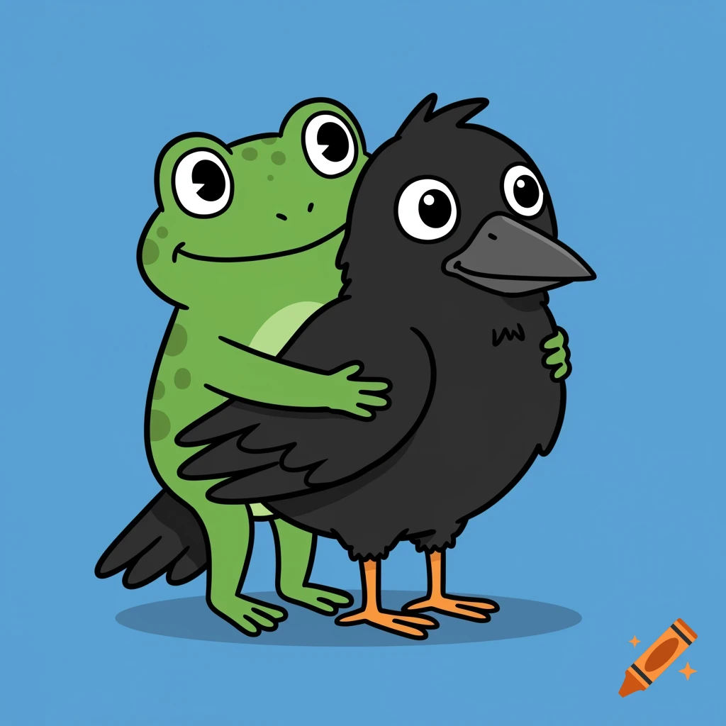 A cartoon frog hugs a black crow.