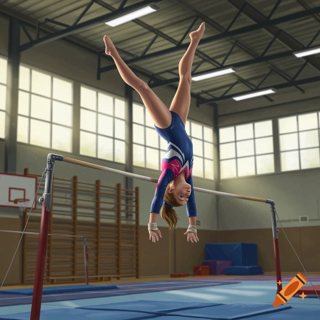 A young girl gymnast is performing a handstand on uneven bars in a gymnasium.