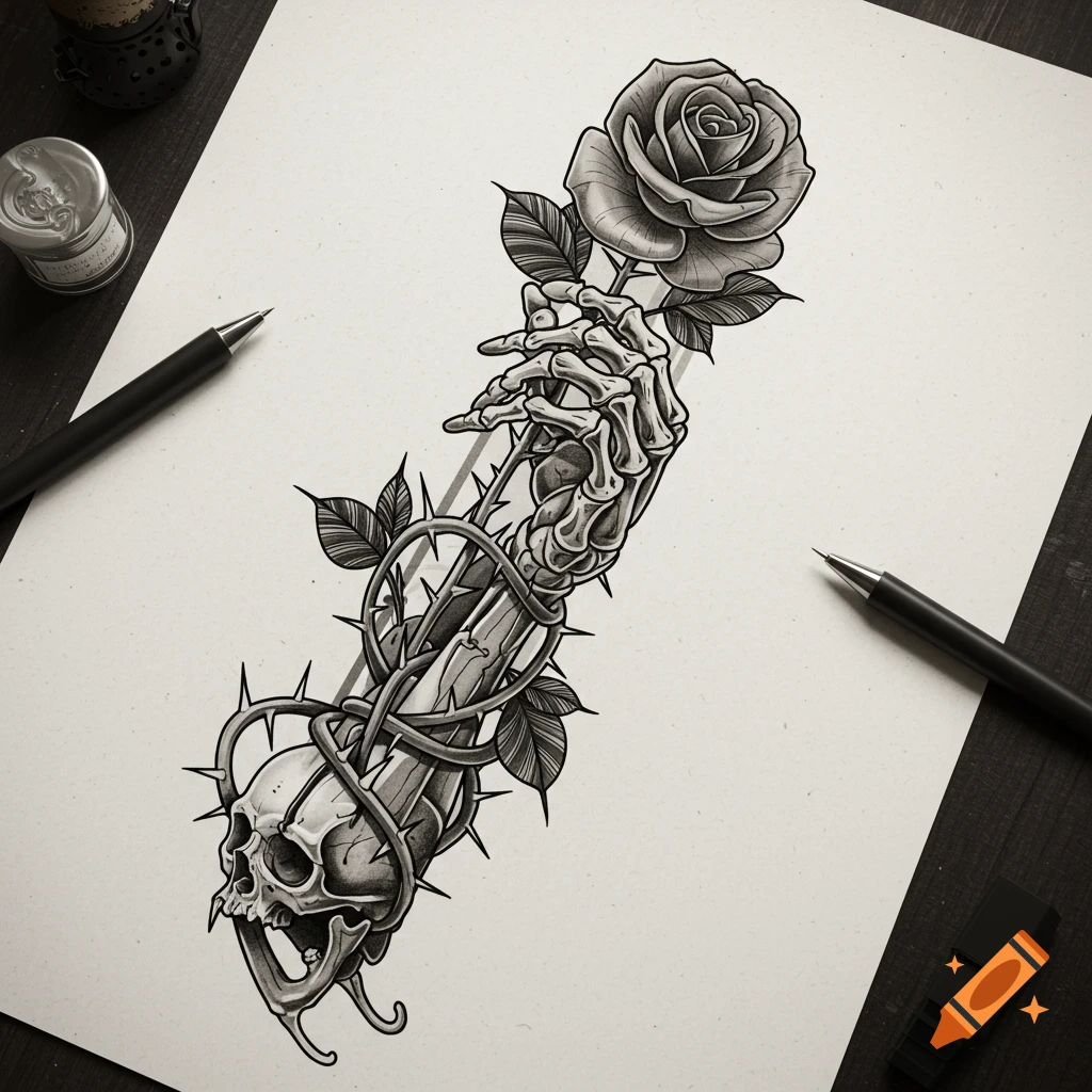 Black and white gothic tattoo sketch of a skeletal hand holding a rose tangled in vines above a skull.