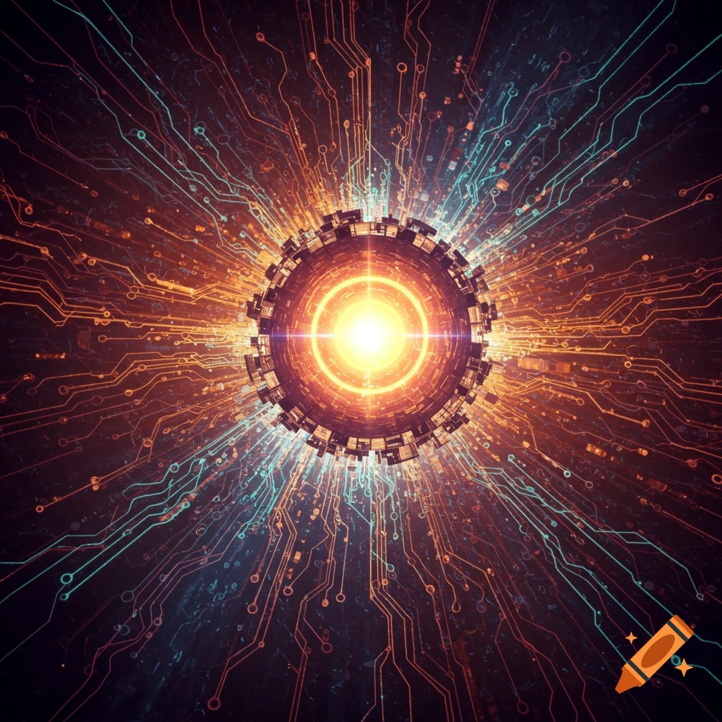 Abstract digital art of a bright glowing core surrounded by radiating orange and blue circuit board patterns.