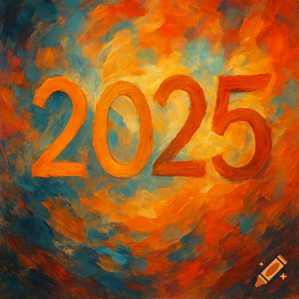 The numbers 2025 in orange against an abstract background of blue and orange brushstrokes.