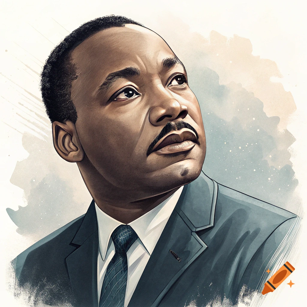 Stylized illustration of Martin Luther King Jr. looking upwards