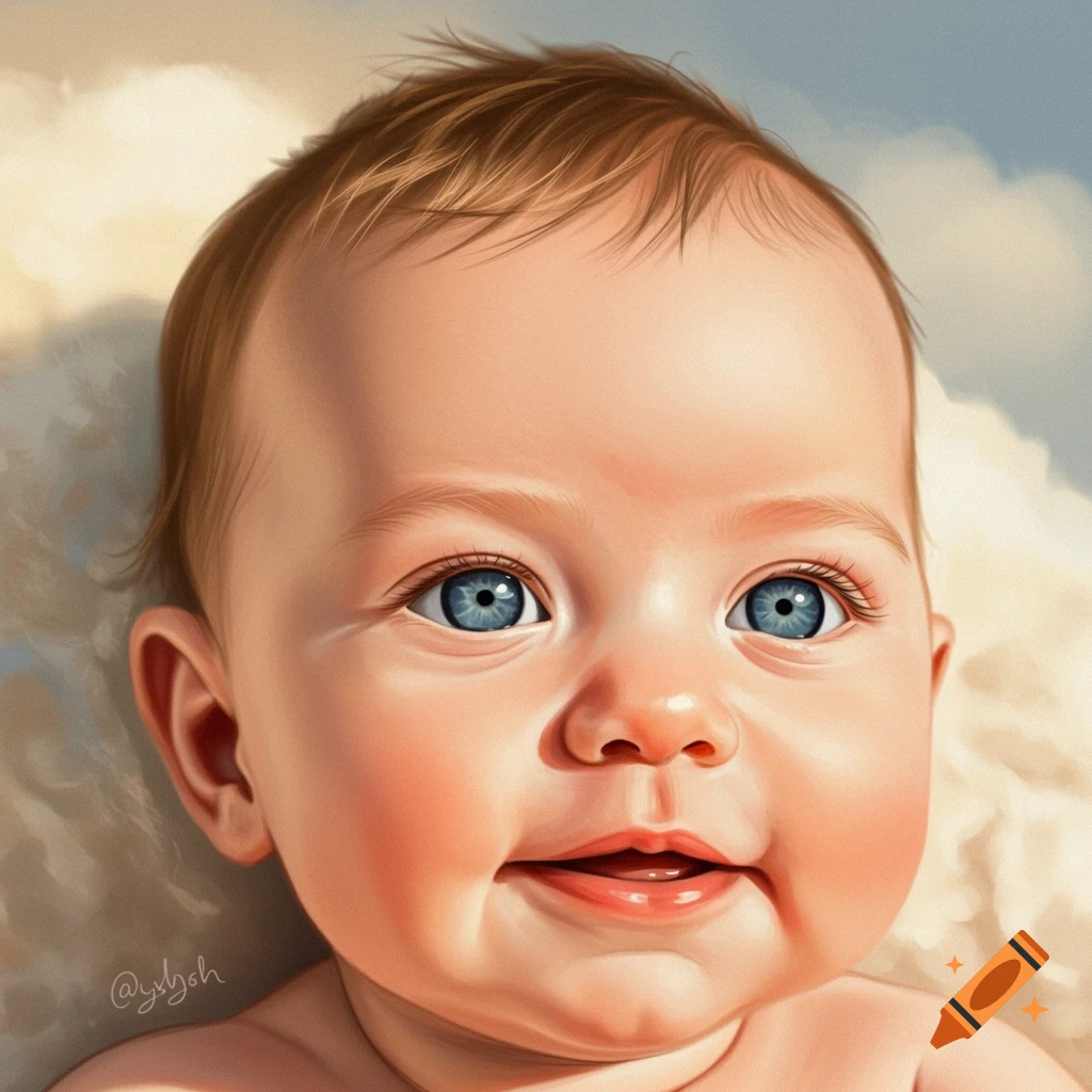 Close-up of a smiling baby with blue eyes.
