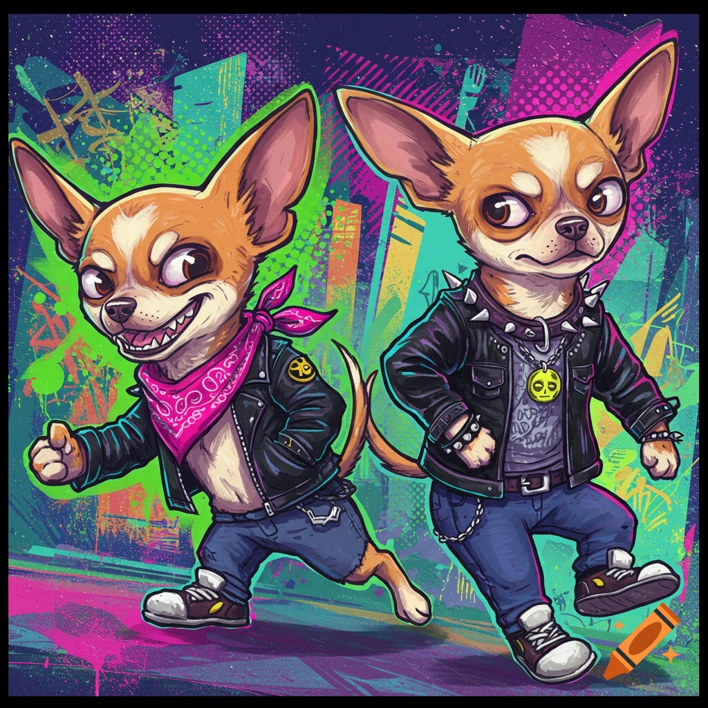Two cartoon chihuahuas in punk clothing walk against a colorful cityscape background.
