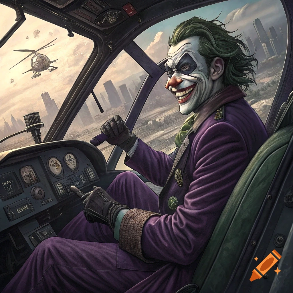 The Joker pilots a helicopter over a city, grinning maniacally from the cockpit.