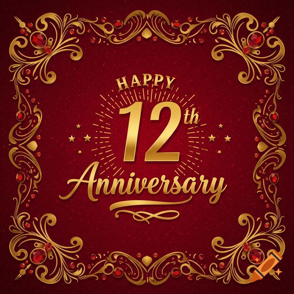 Decorative happy 12th anniversary card with gold script and red gems on a red background