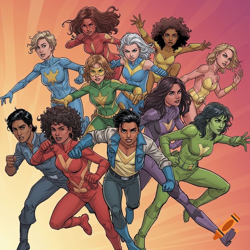 A group of diverse superheroes in dynamic poses in a comic book art ...