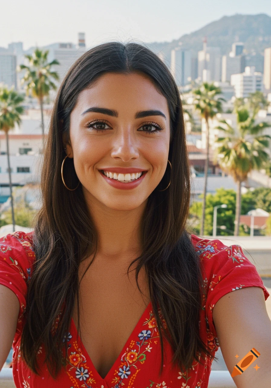 A woman smiles on a balcony overlooking a city skyline and palm trees.