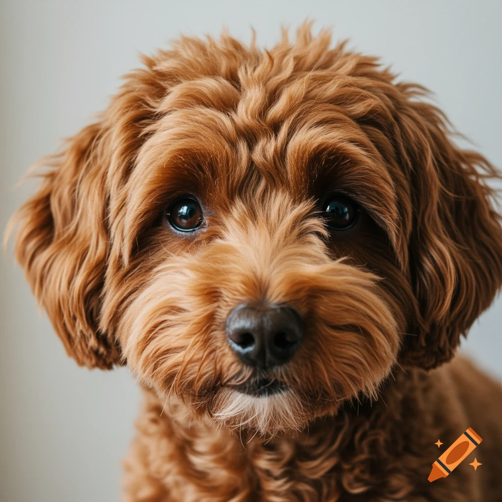 A close-up portrait of a brown Mini Goldendoodle dog.
