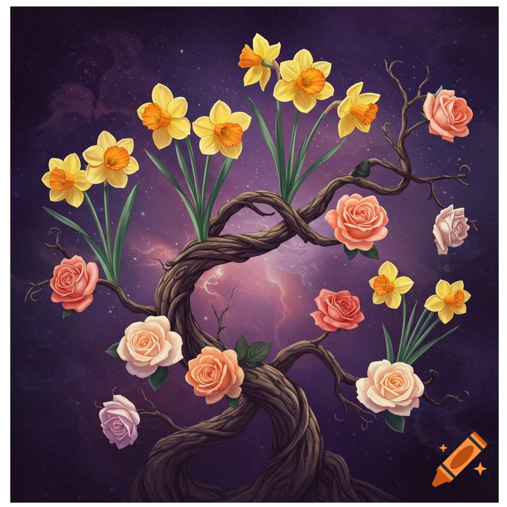 Daffodils and roses are growing from a twisted vine against a starry purple background.