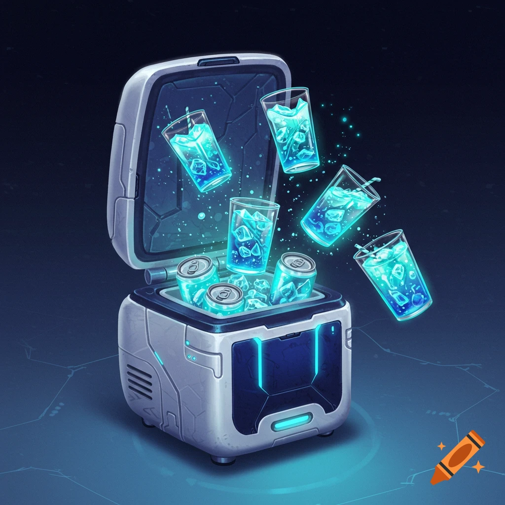 Glowing drinks and ice floating out of a futuristic cooler.