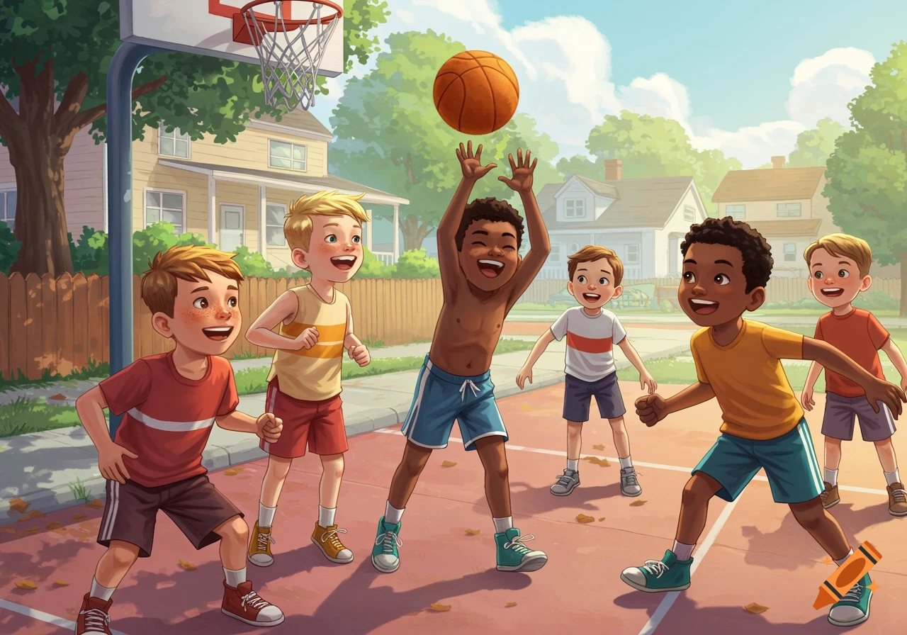 Illustration of diverse boys playing basketball on a sunny street.