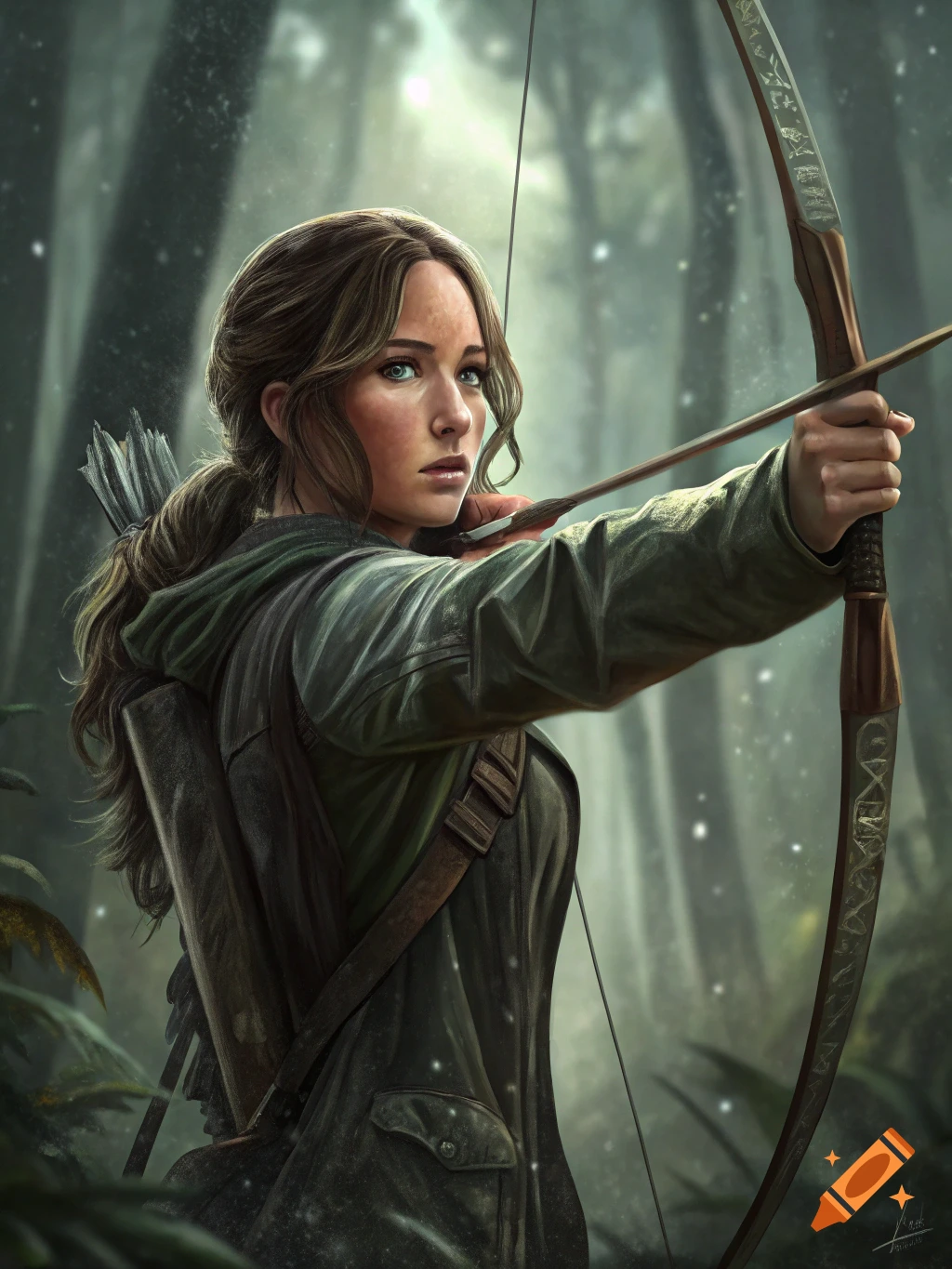 A woman with a bow and arrow aims in a forest.